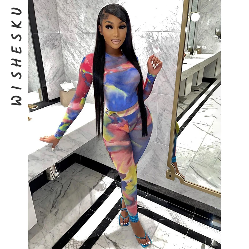 

Aesthetic Print Mesh Women Two Piece Suits Skinny Long Sleeve Bodysuits+Leggings Slim Trend Tracksuit Outfits Streetwear