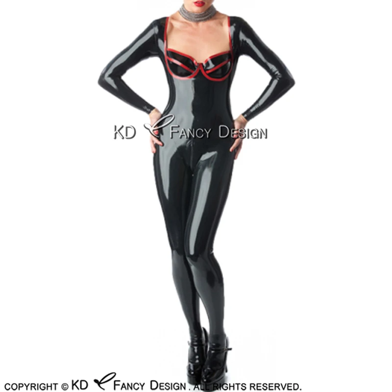 

Black And Red Sexy Latex Catsuit With Feet Cups Round Collar Rubber Bodysuit Zentai Overall Body Suit LTY-0232