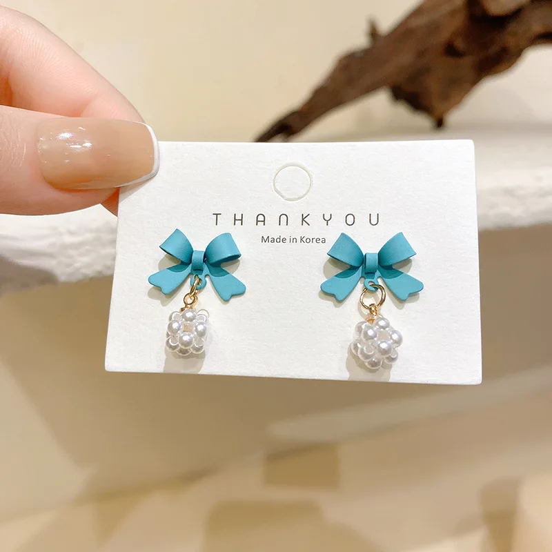 

LOVOACC Romantic Blue Color Bowknot Dangle Earrings for Women Ladies Simulation Pearl Geometric Pendant Earrings Oorbellen