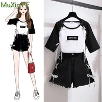 womens shorts suit 2022 new high waist sexy top pants two piece summer wild lace up bow knot short sleeved jeans set