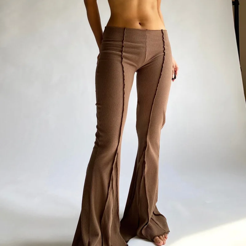 

Sexy Low Waist Flare Pants Brown Y2k Style Contrast Stitch Knitted Wide Leg Pants Womens Summer Bottoms