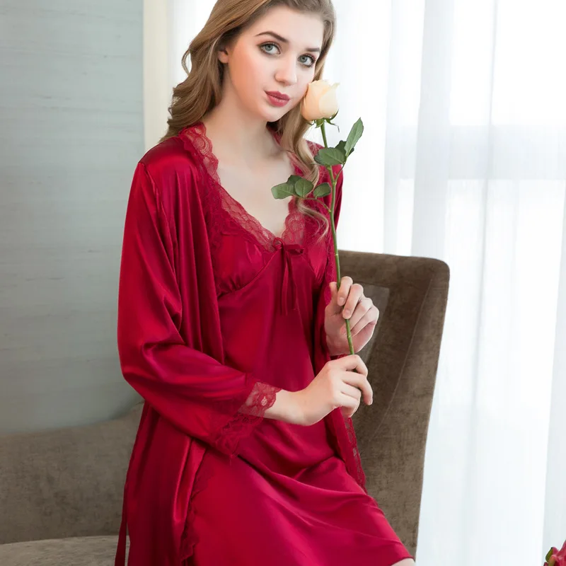 2019 ice silk strap nightdress robe sexy lace pajamas ladies two-piece suit casual long-sleeved | Женская одежда