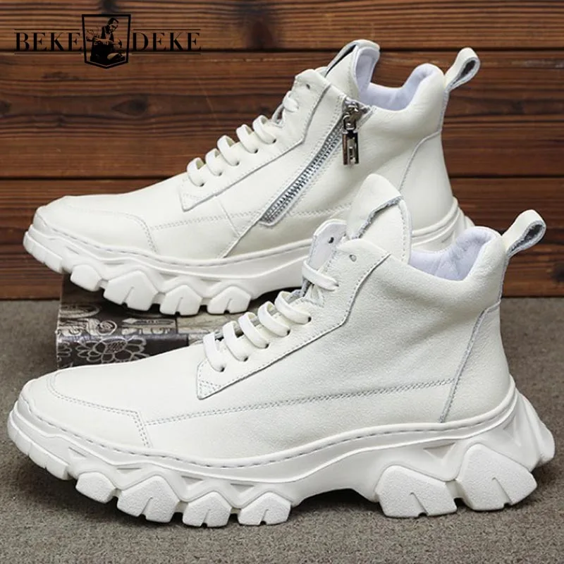 

England Style High-Top Shoes Men Brand Genuine Leather Sneakers Male Street Lace Up Casual Platform Shoes Luxury White Trainers