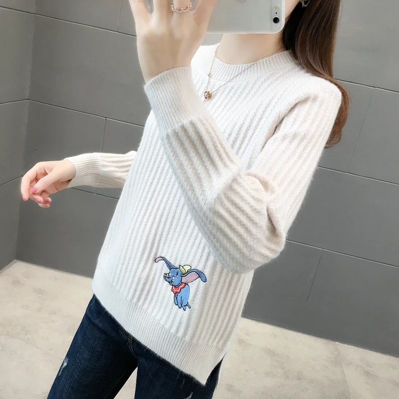 448444 реальное изображение Вышивка Маленький слон круглый вырез вязаный свитер [Zone