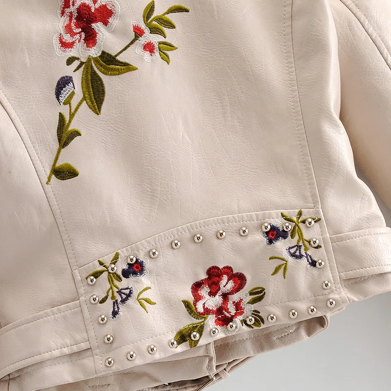 

Ailegogo New Autumn Women Embroidery Floral Print Pu Leather Jacket Punk Style Motorcycle Zipper Black Faux Soft Leather Coat