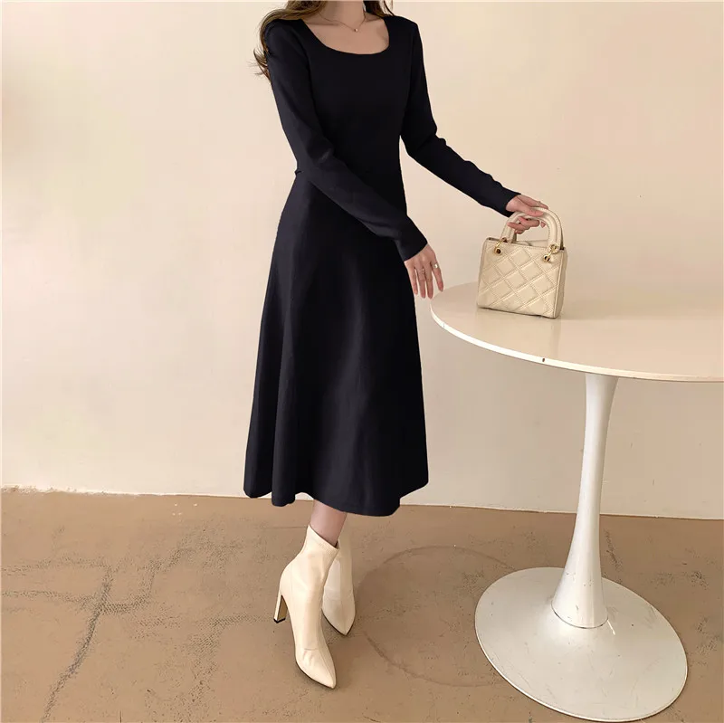 

2021 Spring Fashion Women's Knit Dresses Casual Long Sleeve Square Collar Vestidos Ladies Solid Party Dress