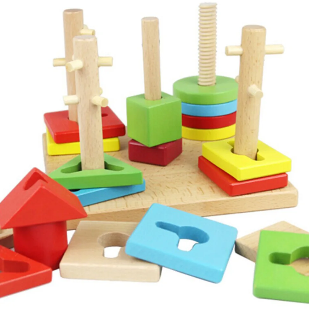 

Wooden Colorful Geometry Column Shape Sort Building Blocks Set for Kids