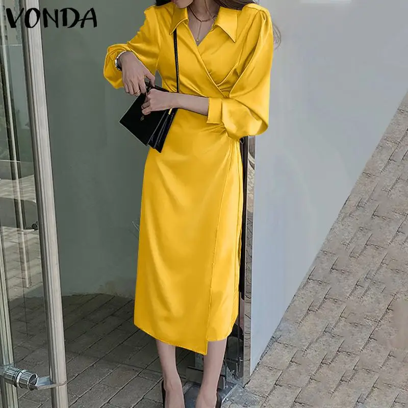 

Женское офисное платье-рубашка средней длины с длинным рукавом и воротником с лацканами 2022 VONDA, большие размеры, женские повседневные плать...