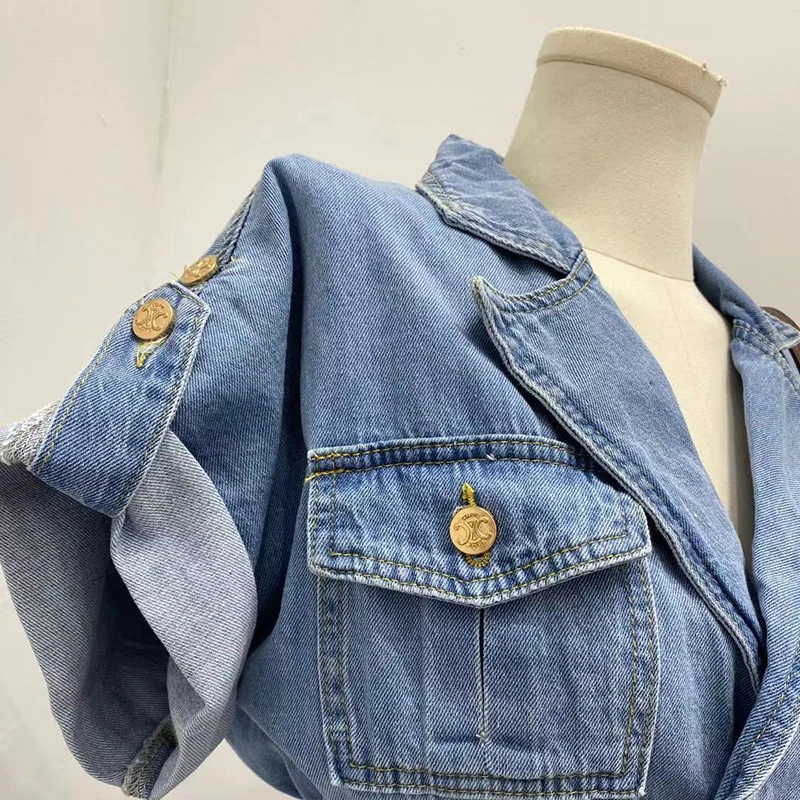 

CHICEVER Blue Patchwork Denim Playsuit For Women Lapel Short Sleeve High Waist Tunic Hollow Out Slim Playsuits Female 2021 Style