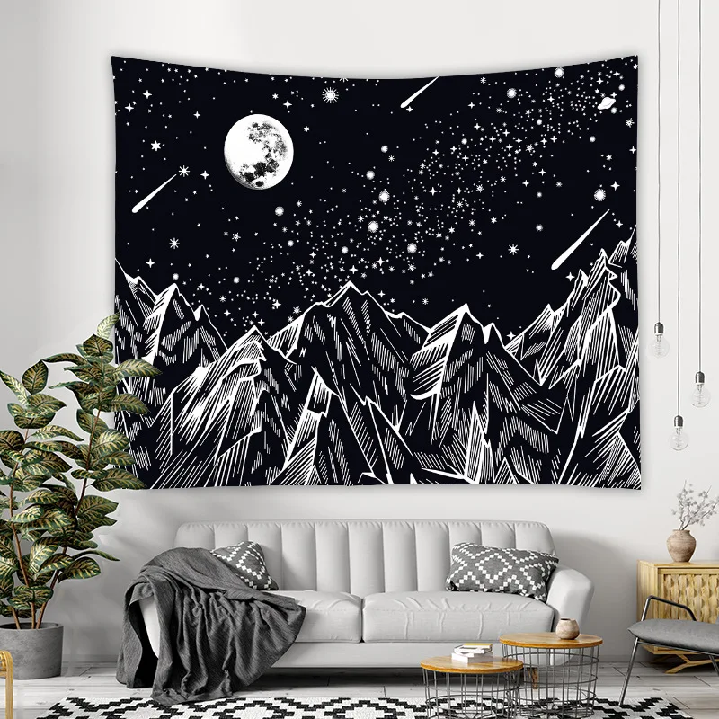 

Mountain Moon Tapestry Wall Hanging Stars Black and White Art Tapestry Home Decor
