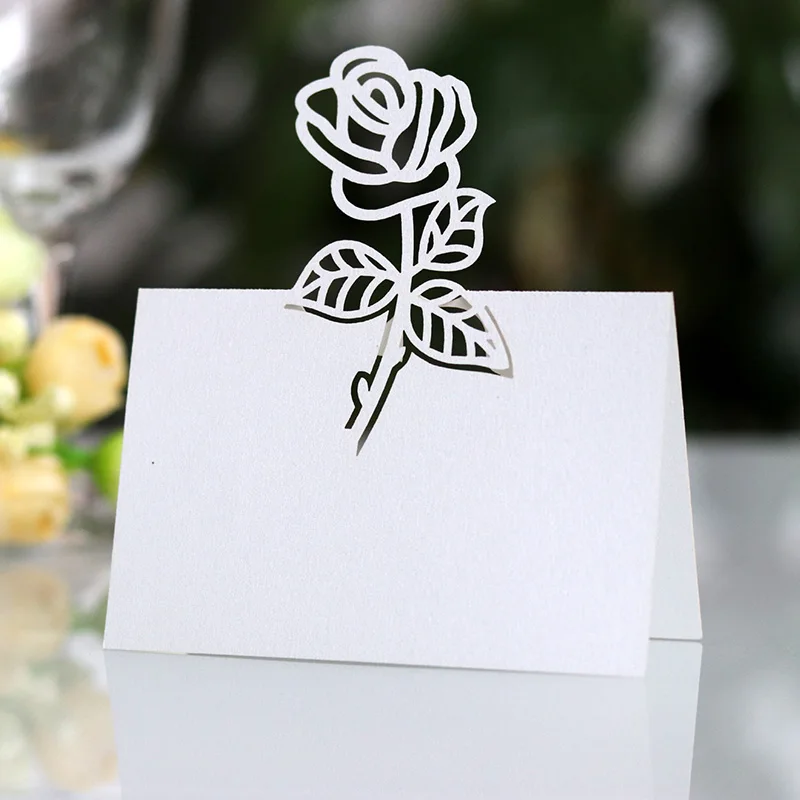 

50pcs Hollow Rose Flower Laser Cut Name Place Cards Wedding Decoration Customized Table Name Message Greeting Card Party Favor