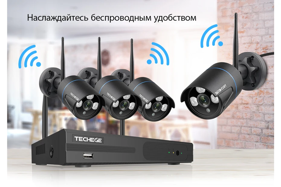 Techege, беспроводная система видеонаблюдения, 1080 P, аудио запись, 2 МП, 4 канала, NVR, водонепроницаемый, для улицы, wifi, CCTV камера, система, видео наблюдение, комплект