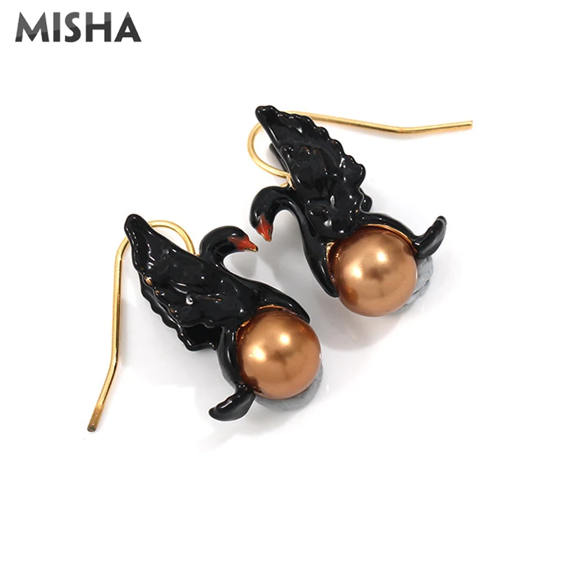 MISHA серьги-капли для женщин, высокое качество, ручная работа, эмалированная глазурь, Черный лебедь, Белый лебедь, серьги, шикарное ювелирное изделие, подарок для девушек 2075