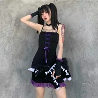 2000s gothic e girl clothes black y2k grunge dress dark academia strap ruffle lace mini dress lolita girls dresses with bracer