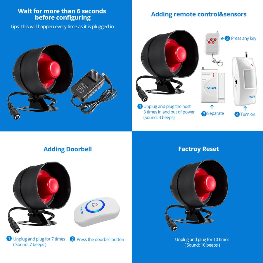 

TOWODE Upgraded Standalone Security Horn Siren Wireless Connection 110dB Loud Household Property Personal Safety Alarm System
