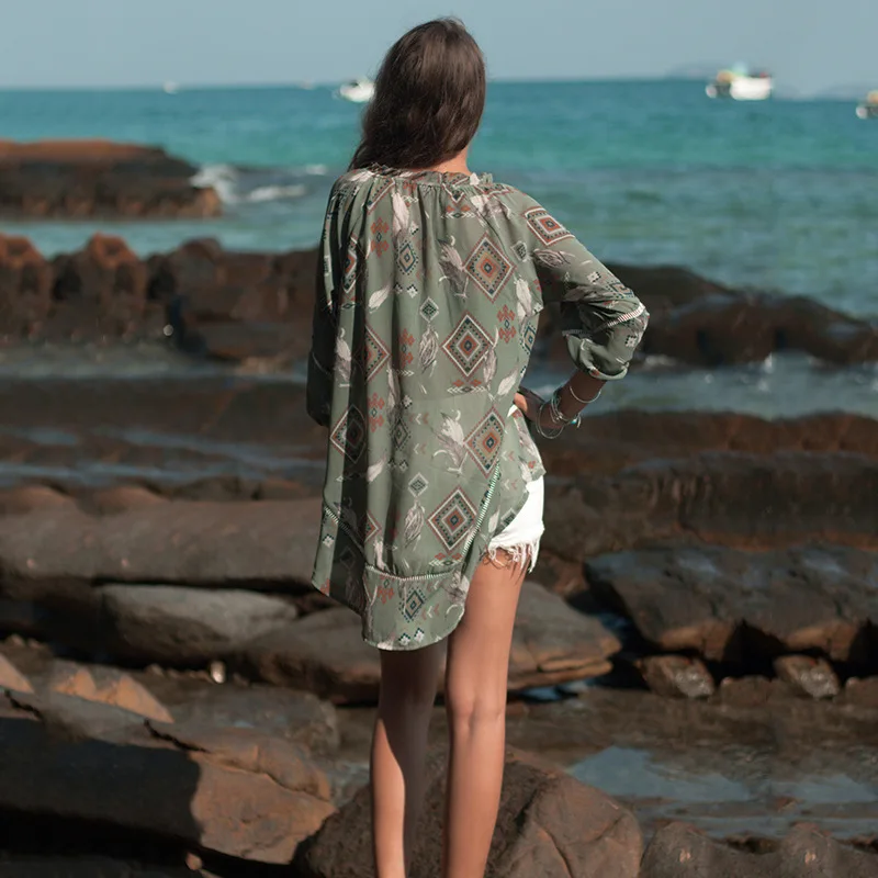 Sukibandra летние женские рубашки с длинным рукавом Boho зеленая Геометрическая шифоновая блузка Асимметричные пляжные богемные женские свободные топы