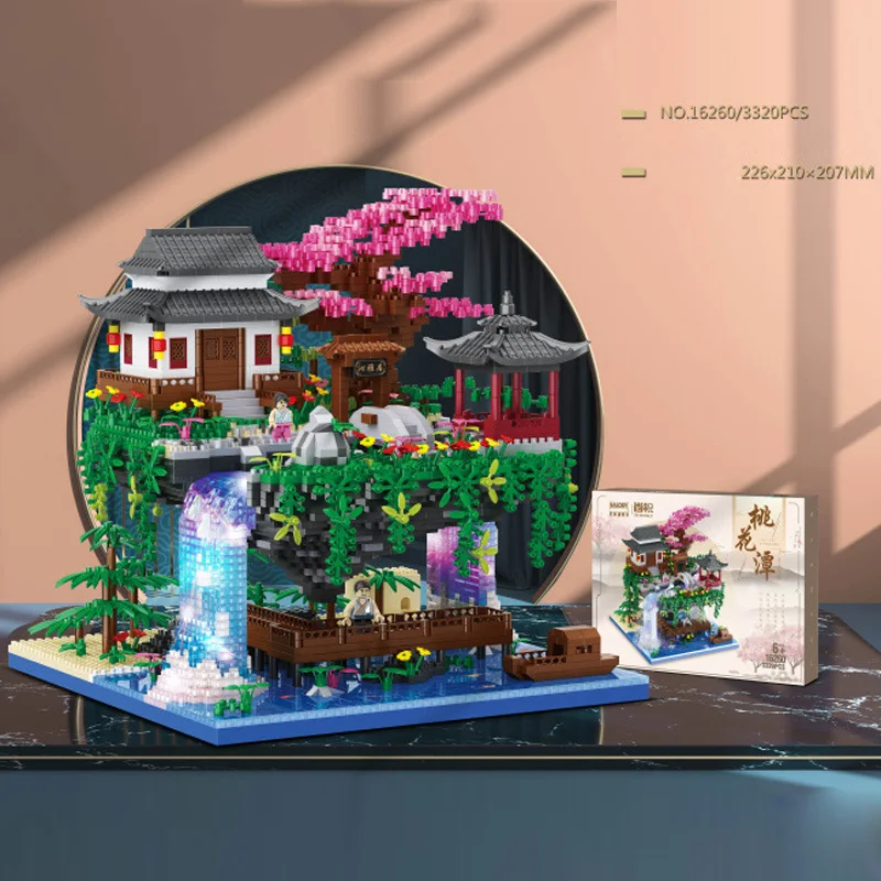 

Mountain Forest Architecture Micro Daimond Block Peach Blossom Pool Building Brick Toy Assemble Nanobrick Collection With Light