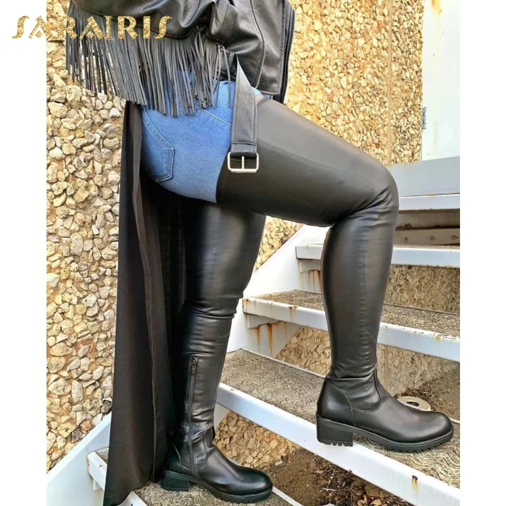 

Sarairis 2021 New Arrivals Thick Heels Trendy Fashion Shoes Woman Boots Ladies Buckle Zipper Over The Knee Thigh High Boot
