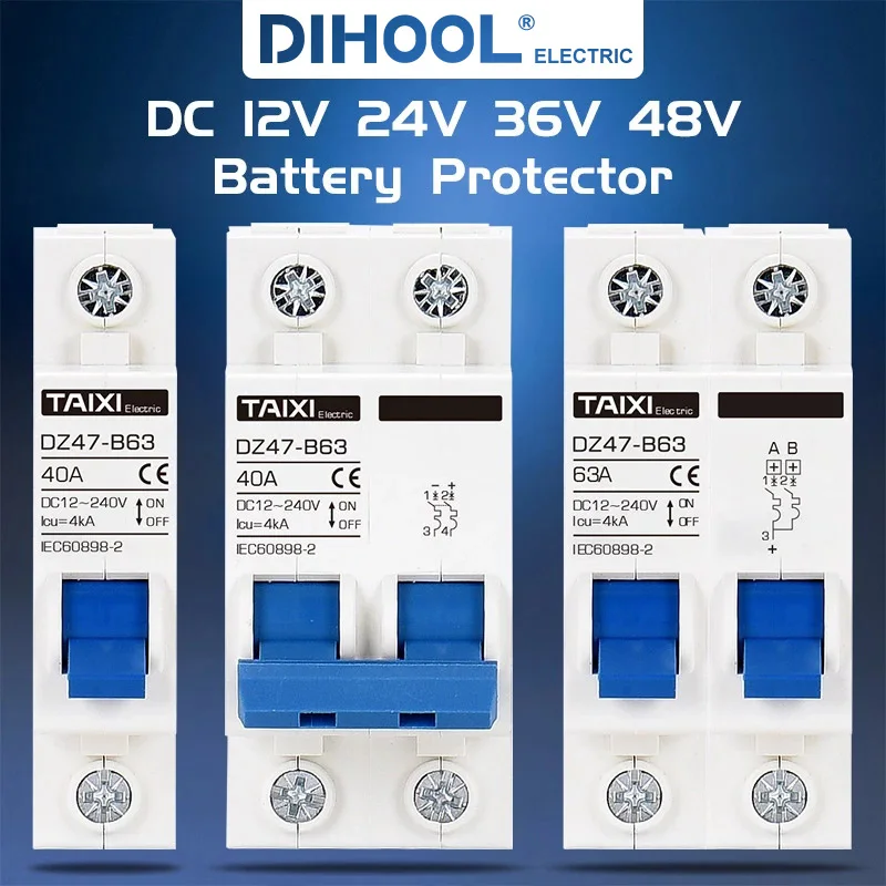 

Автоматический выключатель MCB DC 24V 48V 96V DZ47, 125A 63A 32A DZ47-63, защита переключателя питания для аккумулятора, автомобиля и генератора