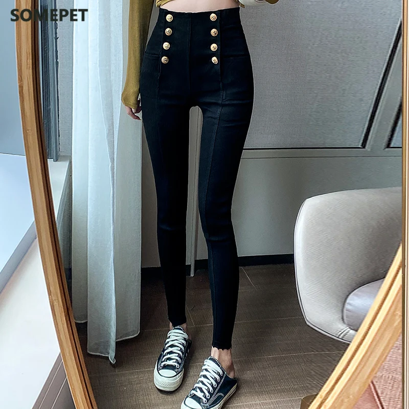 

Jeans For Women High Waist Elastic Stretch Jeans Female Washed Slim Chic Buttons Denim Skinny Pencil Pants Autumn Winter