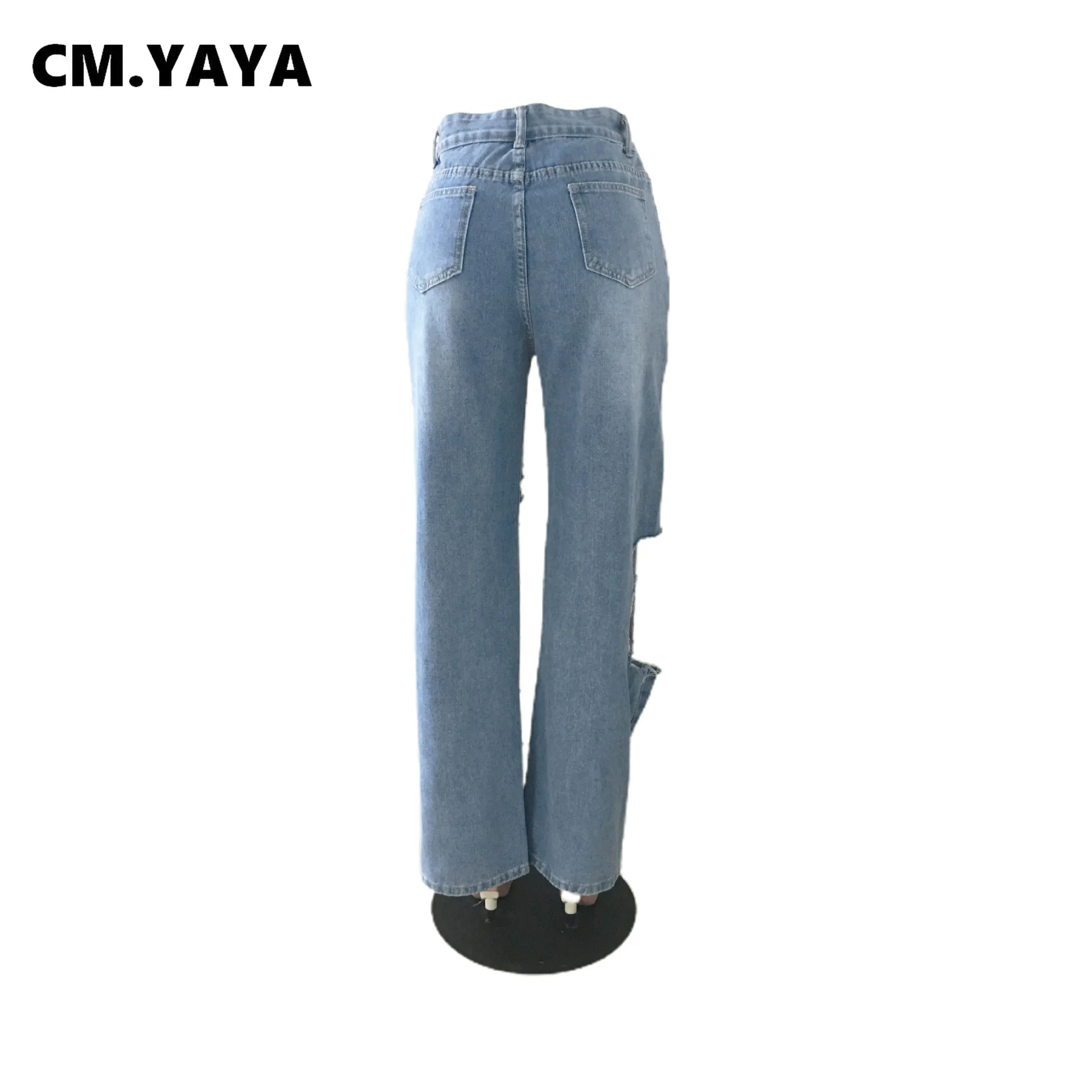 Женские джинсы на молнии CM.YAYA однотонные рваные со средней талией и карманами