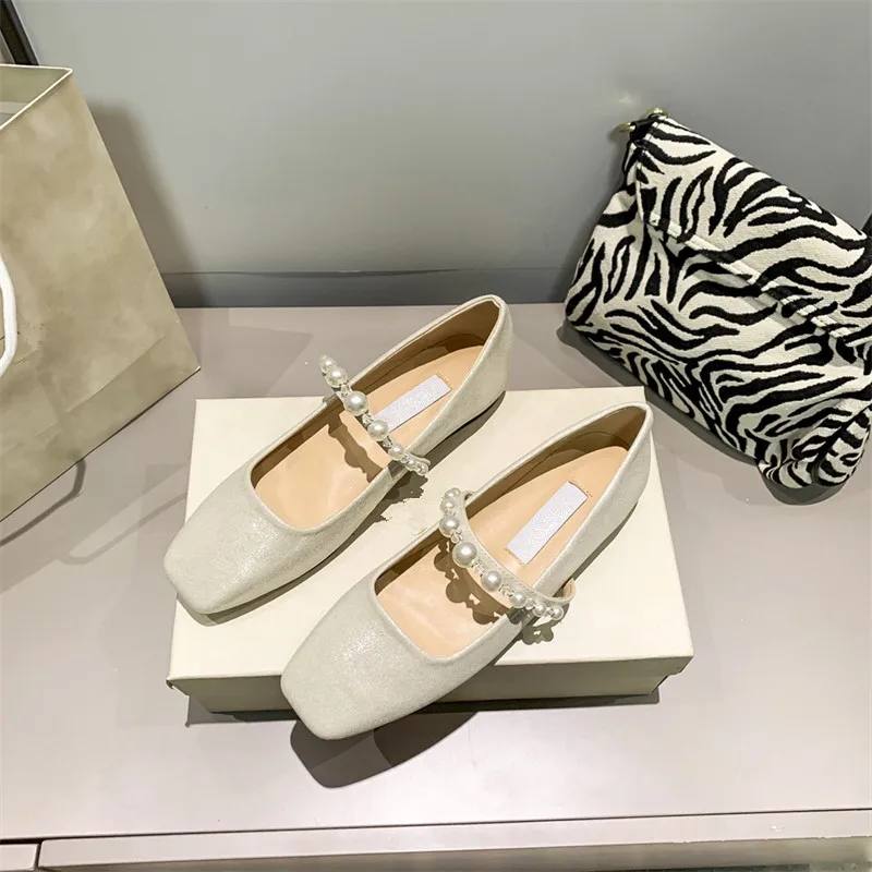 

2021 new women's pearl flat shoes square toe shallow shoes