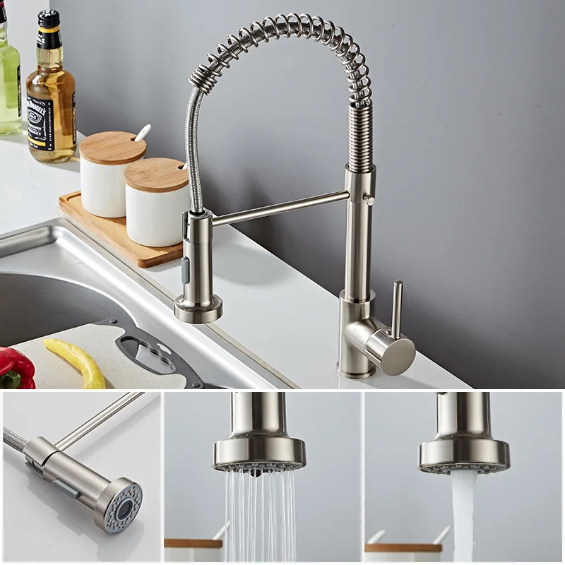 

Deck Mounted Flexible Kitchen Faucets Pull Out Mixer Tap Black Hot Cold Kitchen Faucet Spring Style with Spray Mixers Taps E9009