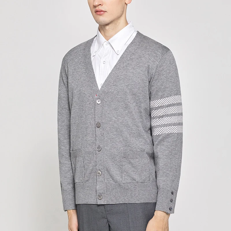 

TB THOM 2021 Fashion Brand Sweaters Men Slim V-Neck Cardigans Clothing Striped Dolphin Wool Cotton Spring and Autumn Casual Coat