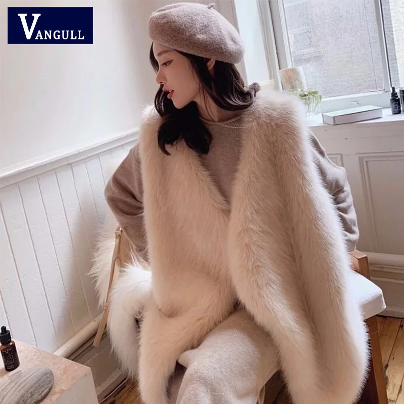Женский жилет из искусственного лисьего меха Vangull зимний средней длины с