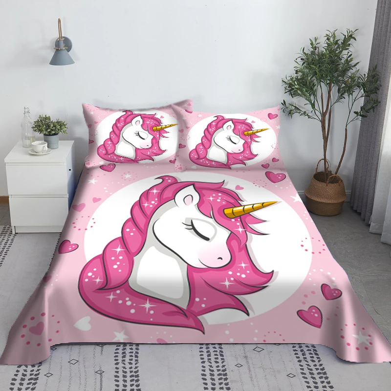 

Pink Unicorn Sheet 3D Printed Cartoon Polyester Bed Flat Sheet With Pillowcase Kids Girls Children Bedding Gift