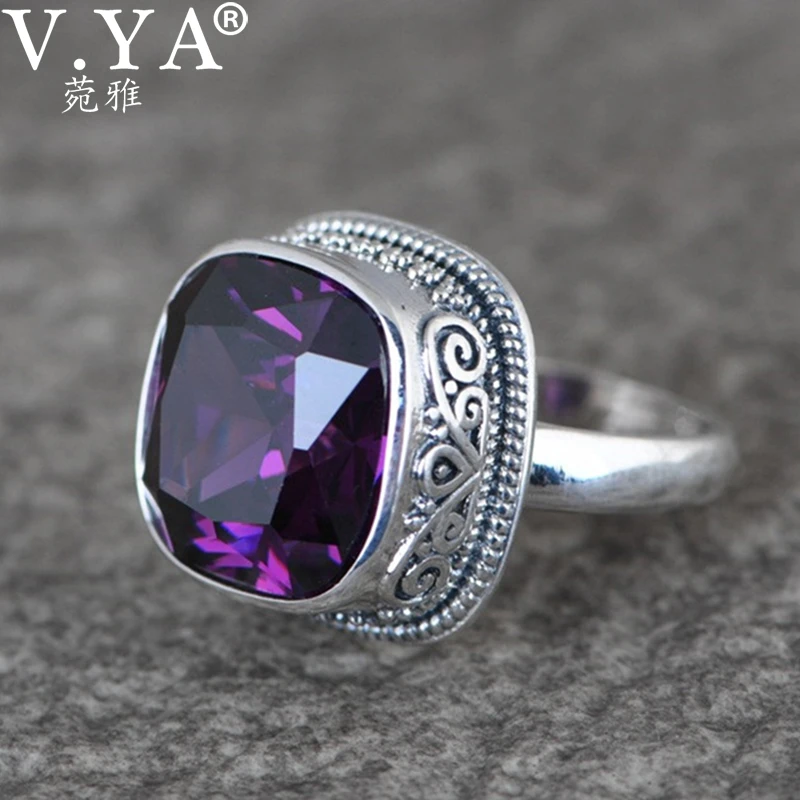 

V.YA 925 Sterling Silver Adjustable Synthetic Zircon Open Ring Finger Wedding Rings for Women New Vintage Fashion Party Jewelry