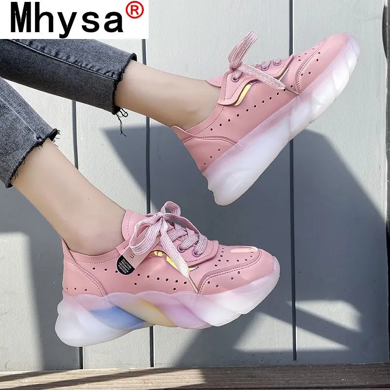 

2021 Spring Women Vulcanize Shoes Fashion PU Leather Round Toe Comfortable Women Casual Shoes Mesh Breathable Platform Sneakers
