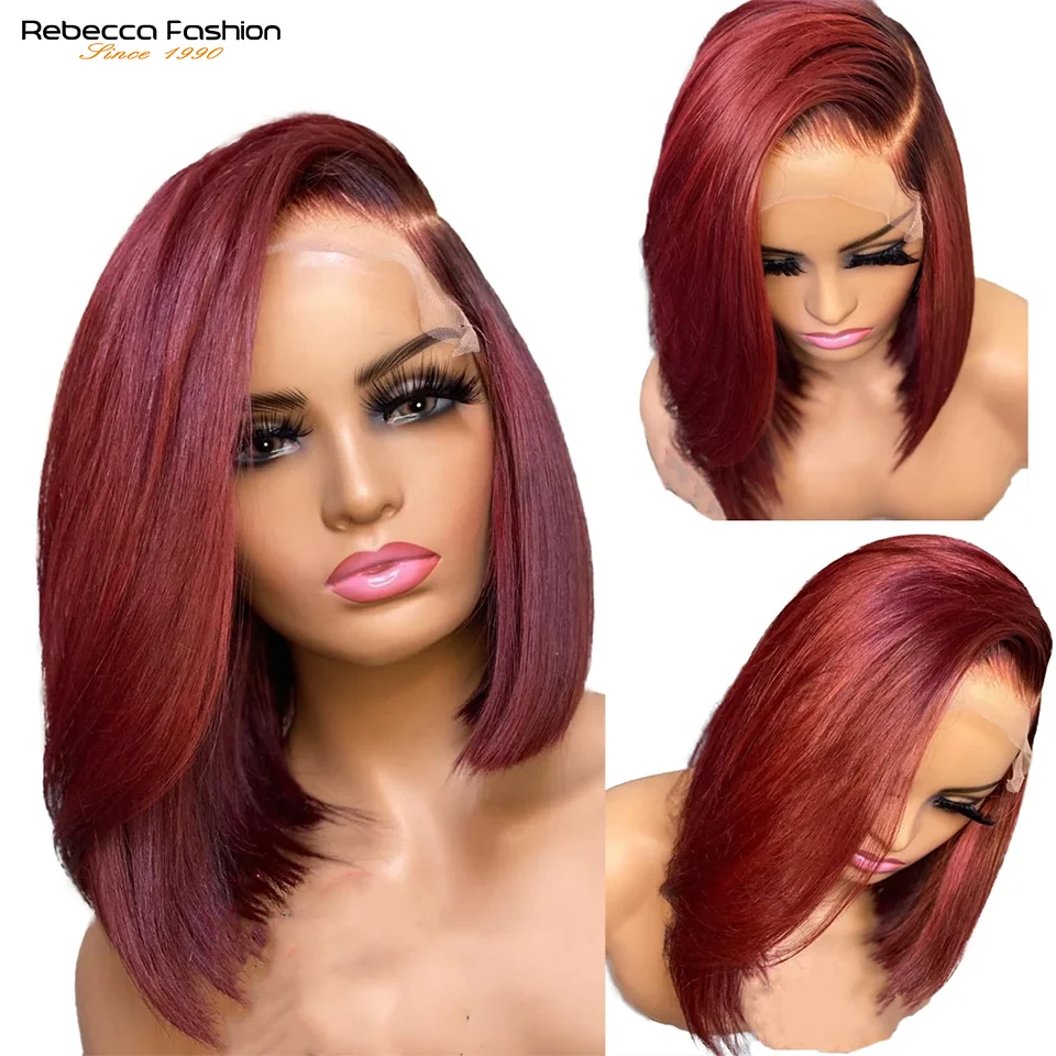 99J Burgundy Red Color Short Bob Wig Brazilian Human Hair Transparent HD 13x1 Lace Front Wigs For Women Blunt Cut Bone Straight