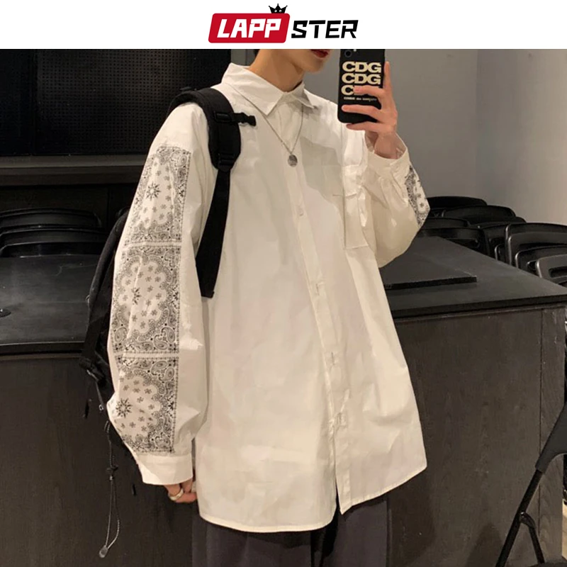 

LAPPSTER Men Harajuku Korean Long Sleeve Shirts 2022 Spring Mens Striped White Vintage Shirt Male Oversized Button Up Blouse