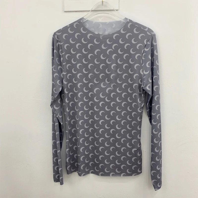 

Fashion Classic Trendy Brand Luxury Design Moon Print Grey Top Tight Elastic Bottom Shirt Long Sleeve Women's T-shirt M2