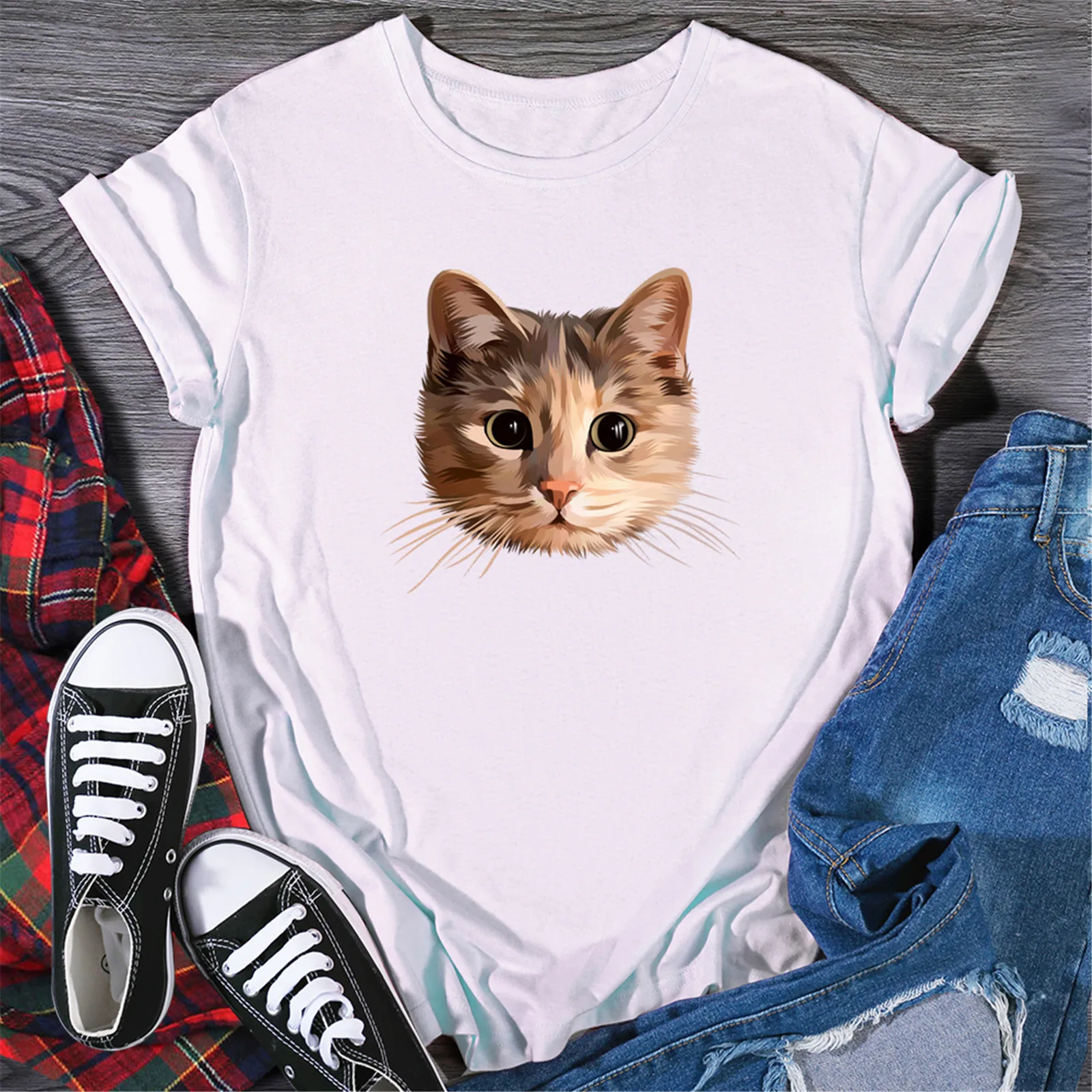 Summer Plus Size T Shirt Women Casual O-Neck Cute Animal Cat Print Short Sleeve Top Tee Harajuku Korean Tops Female T-shirt | Женская