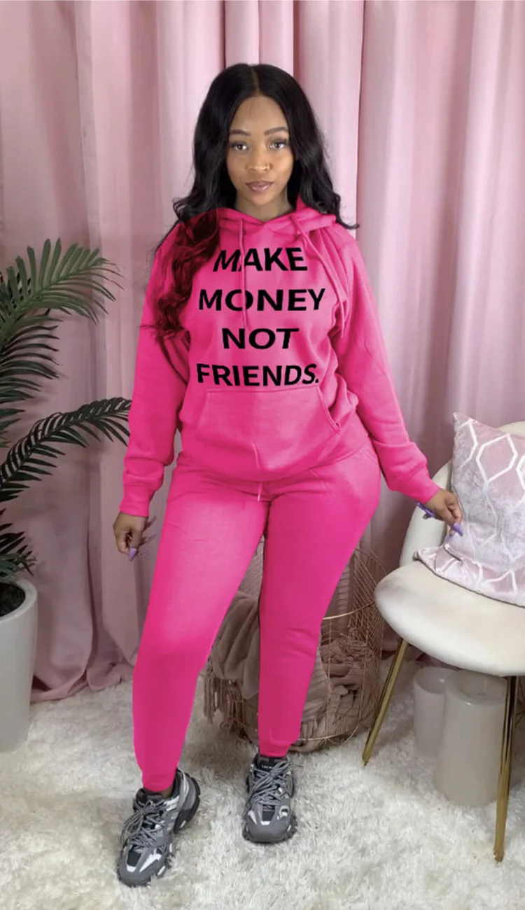 

Hot Style Letter Solid Women Sets Hooded Neck Long Sleeve Pockets Regular Tees High Waist Sports Pants Tracksuits For Sports