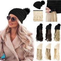 shangzi hat wig synthetic long wavy wigs with beret hat knitted fashion black autumn winter cap hair wig hair extensions 2021