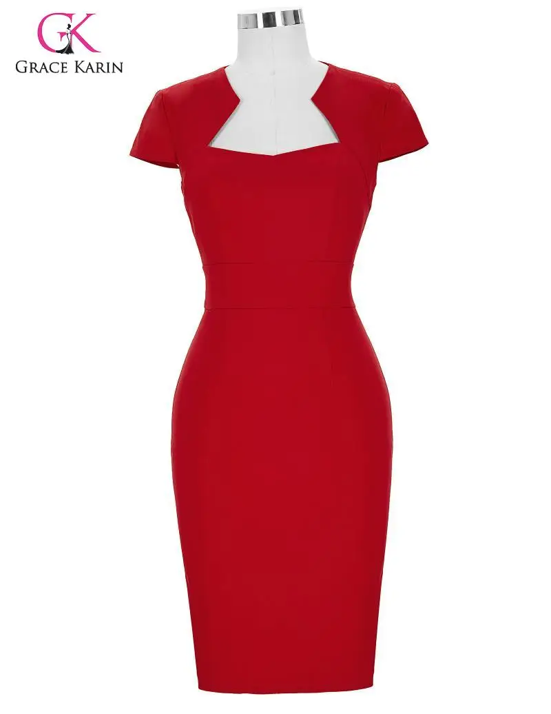 Grace Karin Elegant Women Formal Party Dress Cap Sleeve Hips-Wrapped Pencil Dress Office Lady Work Bodycon Red Dress Summer