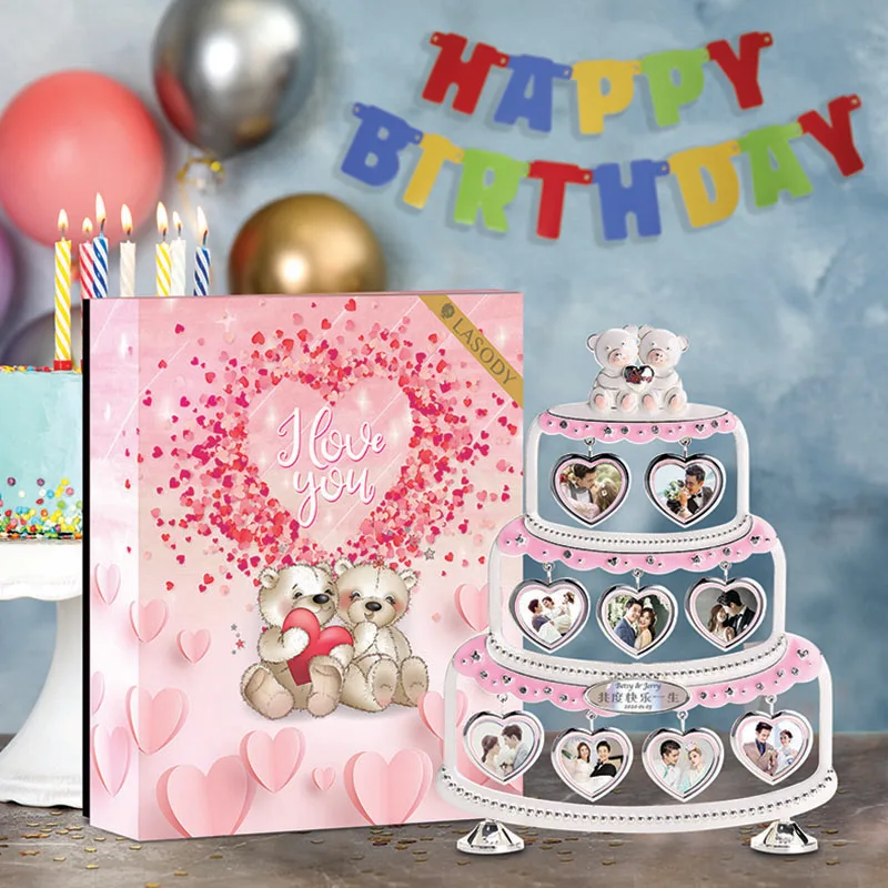 

Lasody Birthday Cake Picture Frame With 9 Hanging heart-shape photo frame Wedding Anniversary Birthday Party Decoration Gifts