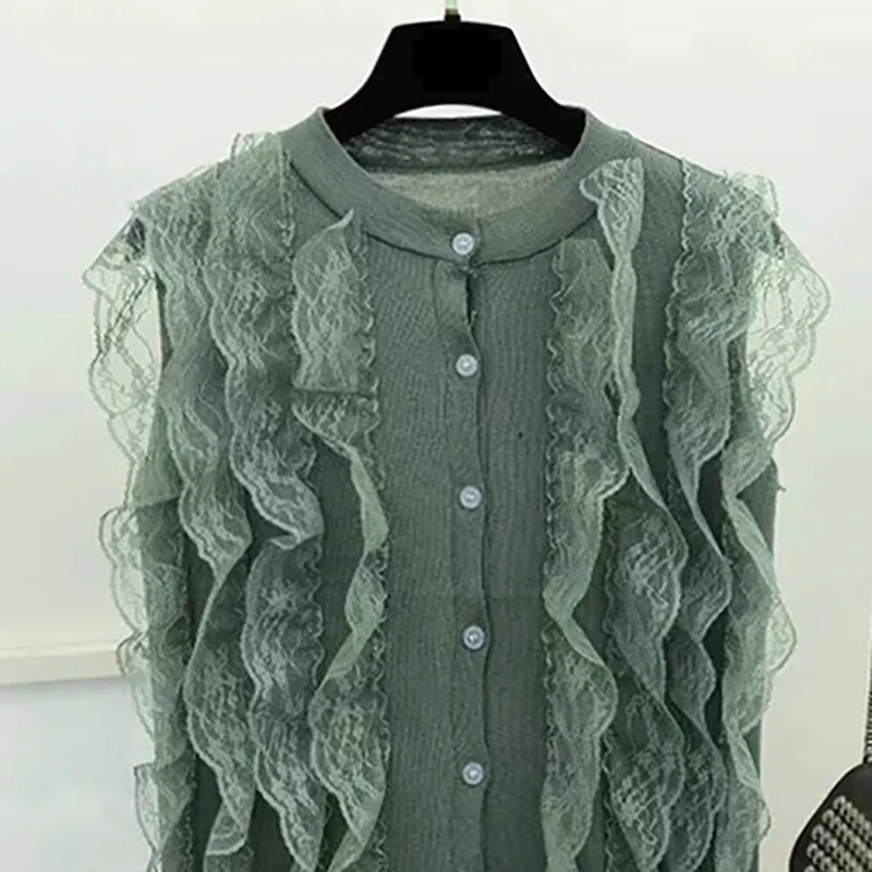 

Camisas De Mujer 2021 Summer Thin Knitted Tshirt Button Tops Women T Shirt Lace Patchwork Sleeveless Womens Tee Shirt Clothes