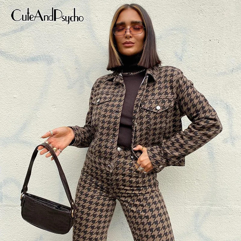 

Vintage Houndstooth Printed Crop Jackets for Women Streetwear Autumn Casual Basic Coats Aesthetic 90s Outfits Cuteandpsycho