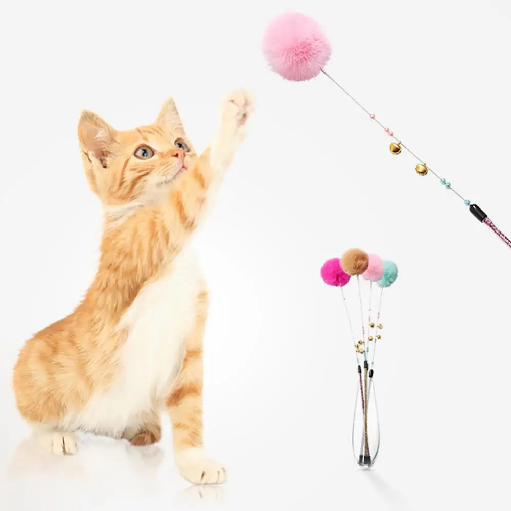 

Pet Cat Kitten Teaser Stick Beads Bell Plush Ball Rod Wand Interactive Play Toy