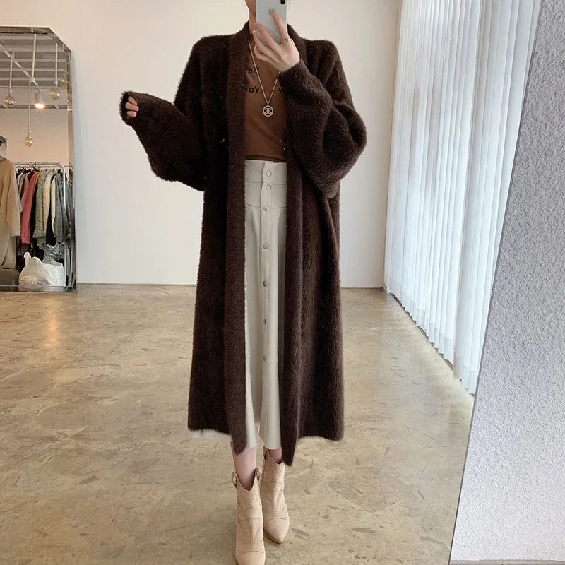 2021 Autumn Winter New Women'S Faux Mink Cardigan Jacket One-Piece Korean Elegant Loose Long-Sleeved Midi Warm Cardigan Jackets