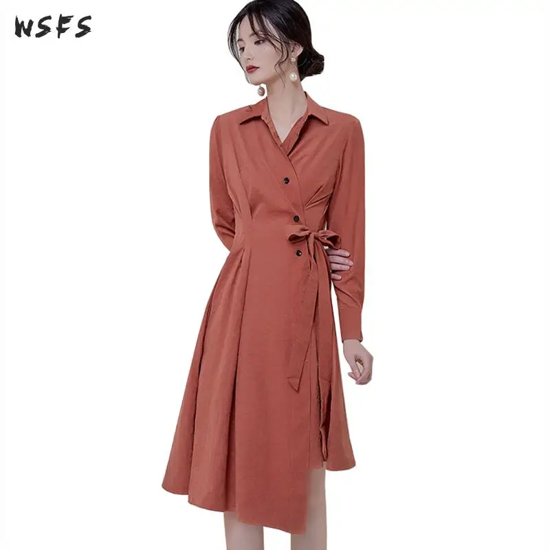 Женское винтажное платье рубашка с длинным рукавом бантом|Женские платья| |