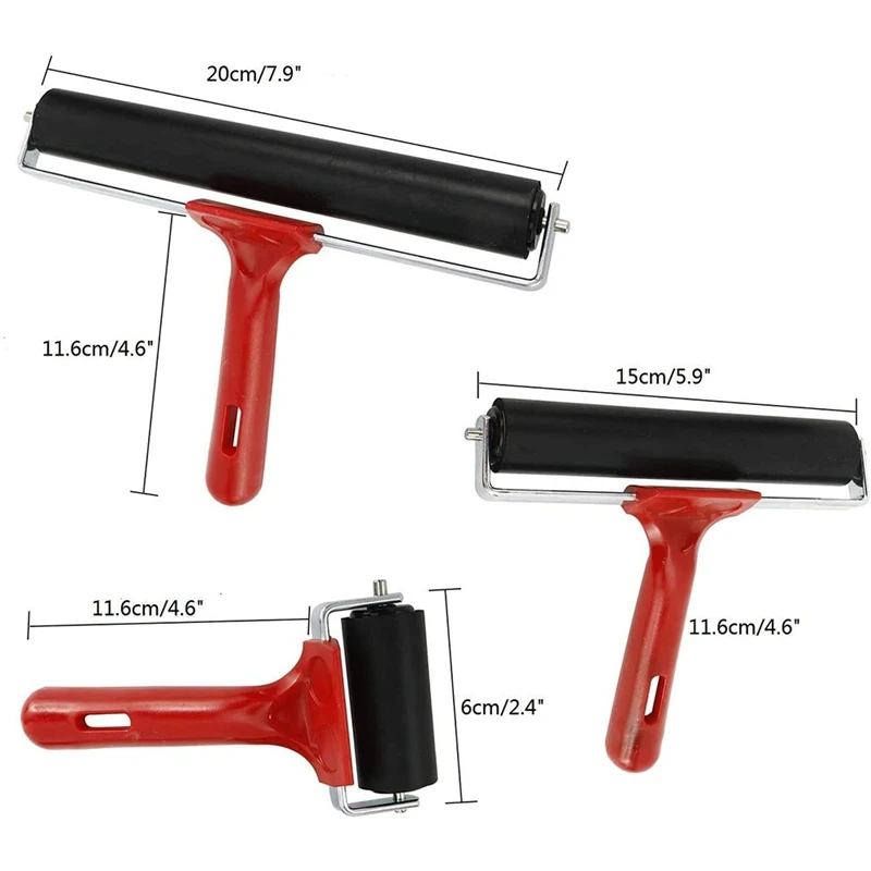 

3Pcs 2.4,5.9 and 7.9 Inch Rubber Brayer Rollers for Crafting,Printmaking Stamping Gluing,Construction Tools