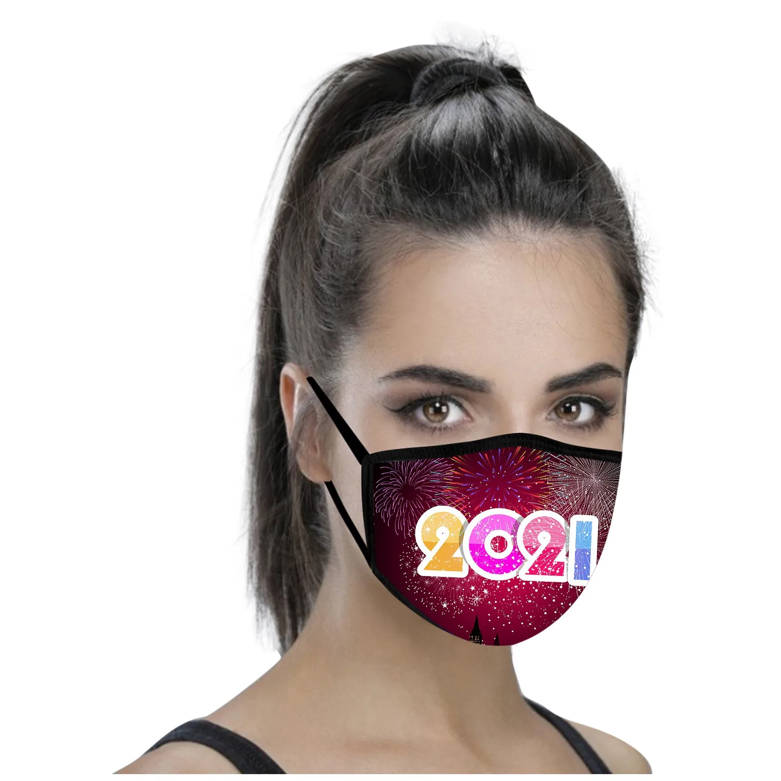 

2021 Happy New Years Adults Unisex Fashion Colorful Pattern Printing Mouth Mask Washable Reusable Cotton Cover Face Masks 1PC