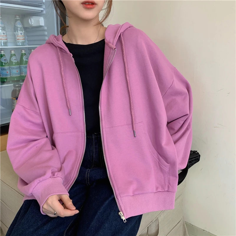 

Basic Jackets Solid Students 2021 Korean Style Loose Hooded Outwear Chic Leisure Womens Zipper Coats Female Classic Sweet Girls