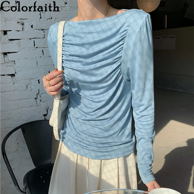 

Colorfaith New 2021 Women's Spring Autumn T-shirts Bottoming Elegant Lady Fashionable Slash Neck Fold Wild Vintage Tops T20435