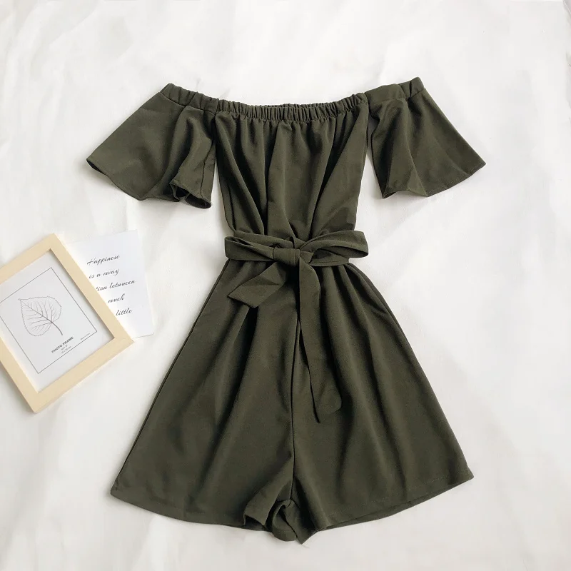 

FMFSSOM 2021 Arrival Summer Women Sexy Strapless Short-sleeved Wide-leg Shorts Jumpsuit Ladies Solid Lace Up Slim Playsuit